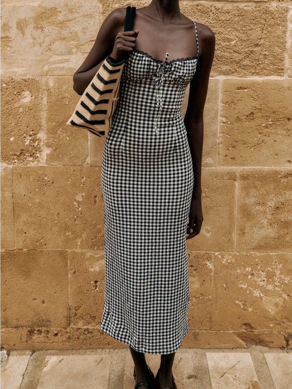 New with Tags Zara Navy/Black & White Gingham Midi Dress with Back Slit Size M